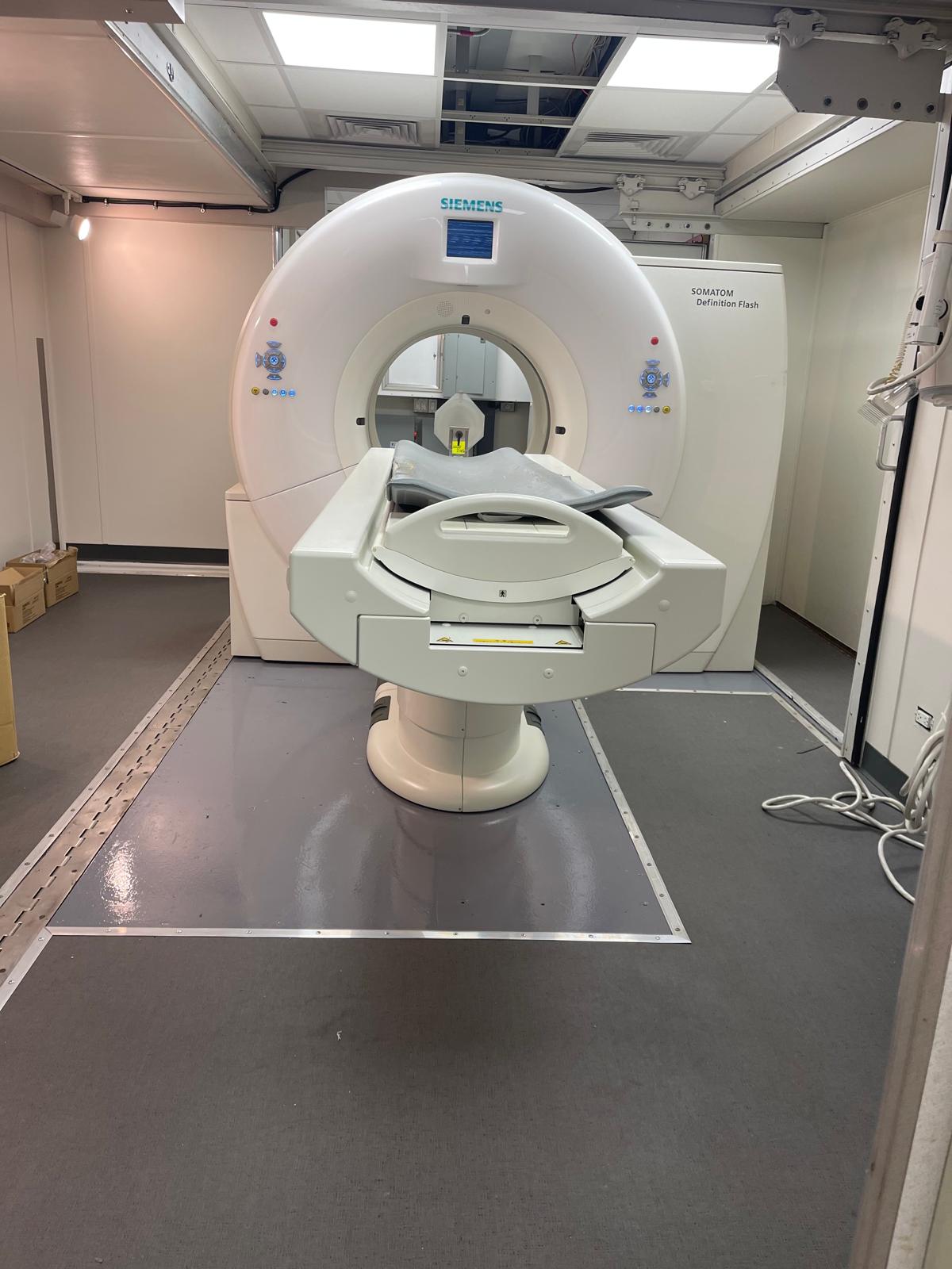 Siemens SOMATOM Definition Flash dual-source CT scanner installed in a mobile imaging trailer